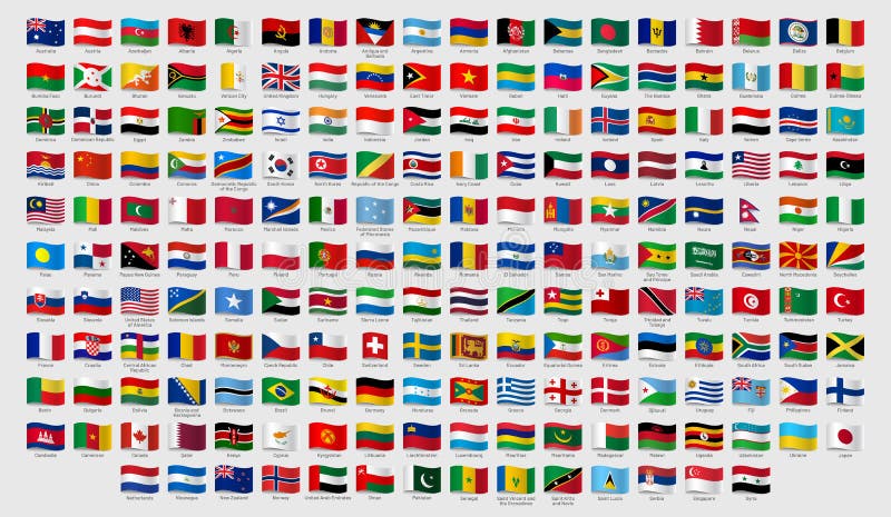 World national waving flags. Official country signs with names, countries flag banners vector set