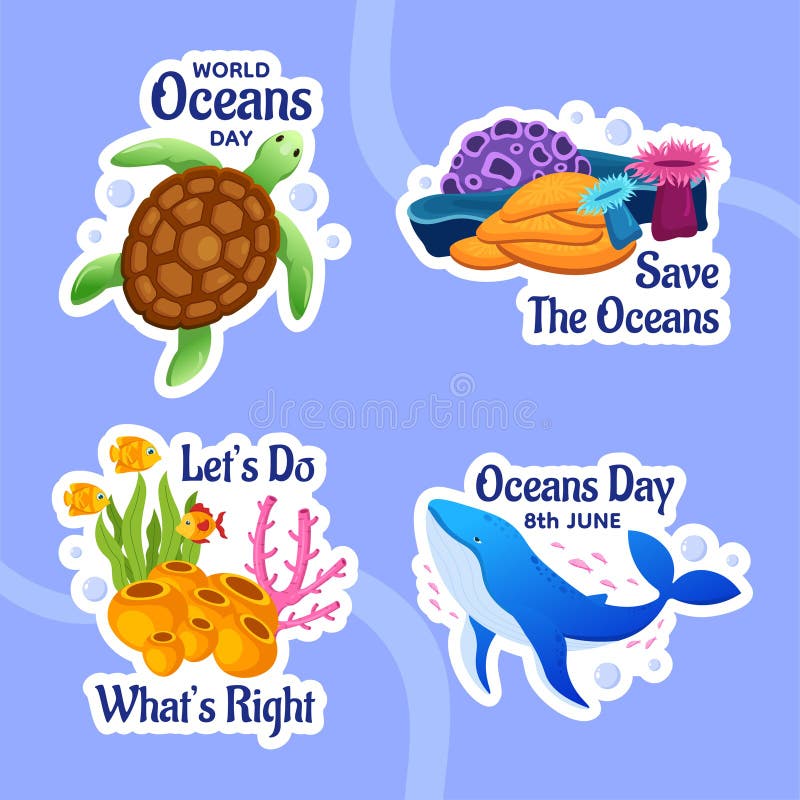 World oceans day label desenho em formato plano modelos desenhados à mão ilustração de fundo
