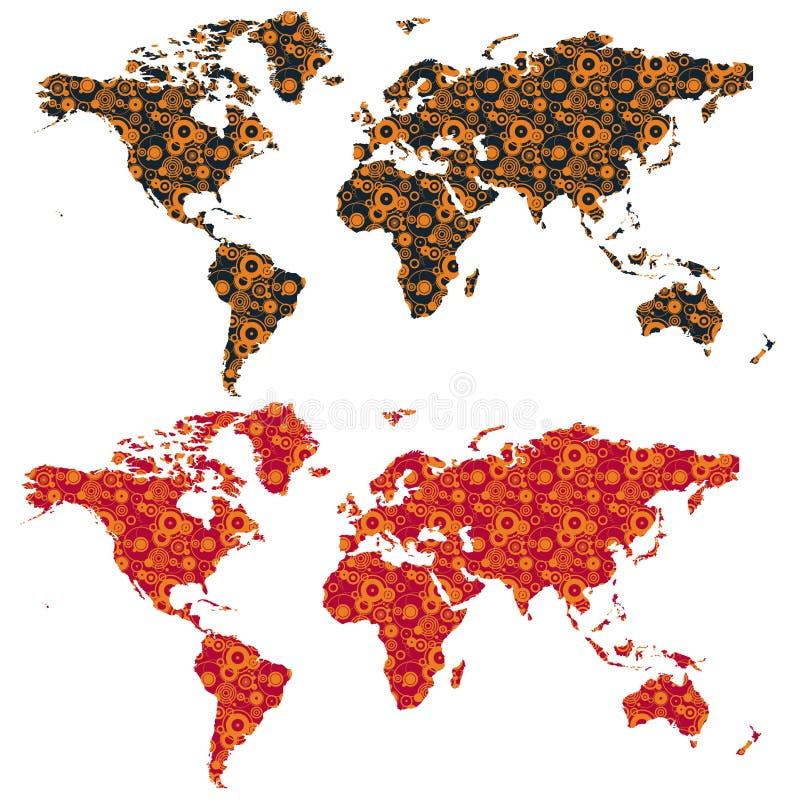 The continents of the world filled with modern circle patterns. Circles earth illustrations