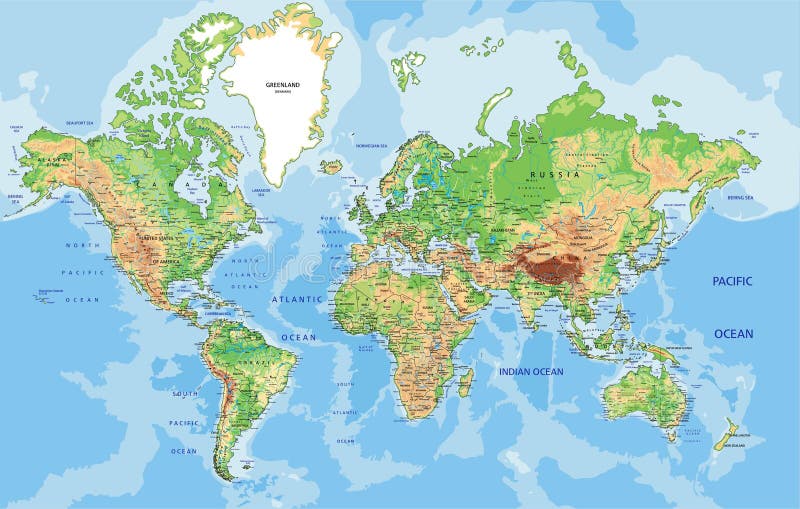 Highly detailed physical World map with labeling. Vector illustration. vector illustration Highly detailed physical World map with labeling. Vector illustration. vector illustration