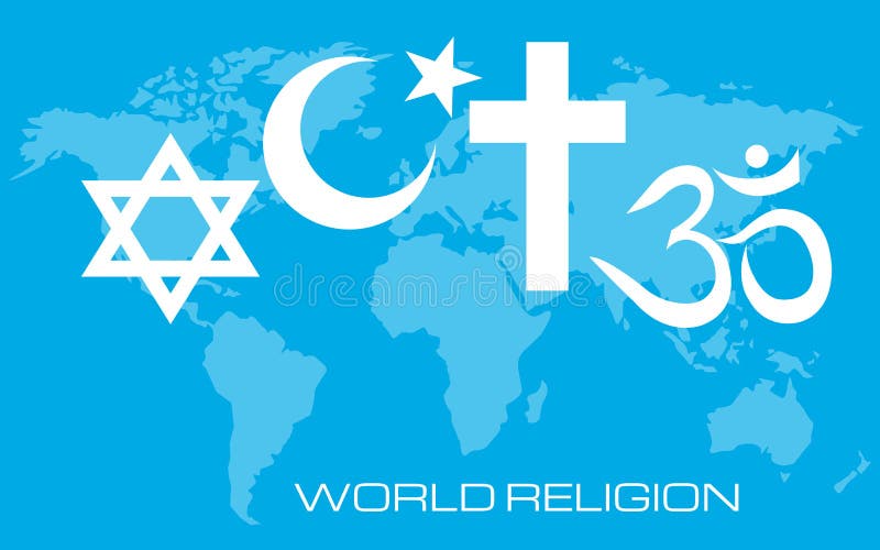 World religions - Christianity, Islam, Hinduism and Judaism on background world map