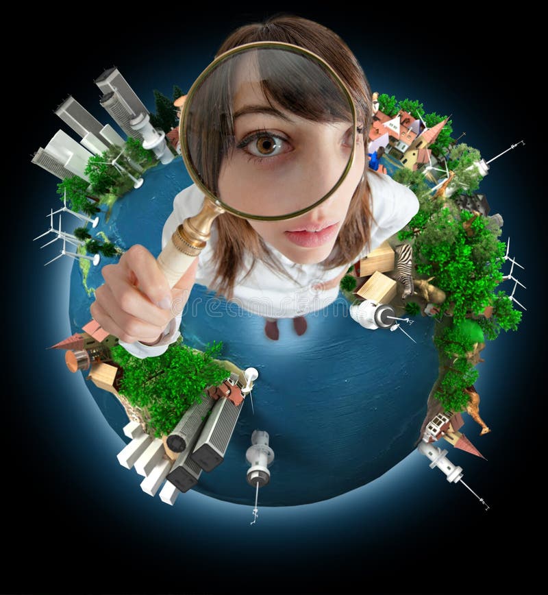 Young woman with a magnifying glass standing on the Earth. Young woman with a magnifying glass standing on the Earth