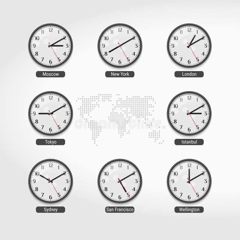 World Time Clocks. Current Time in Famous World Cities. Hotel or Exchange Wall Clocks Vector Illustration of clockface, moscow: 120103632