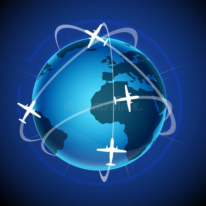 Illustration of world tour with globe and plane on abstract background. Aircraft arrival sign illustrations