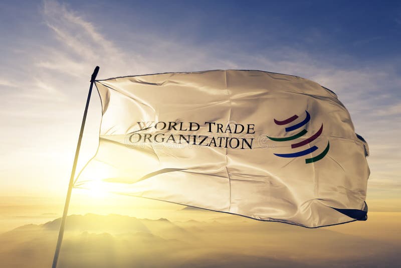 World Trade Organization WTO flag textile cloth fabric waving on the top sunrise mist fog