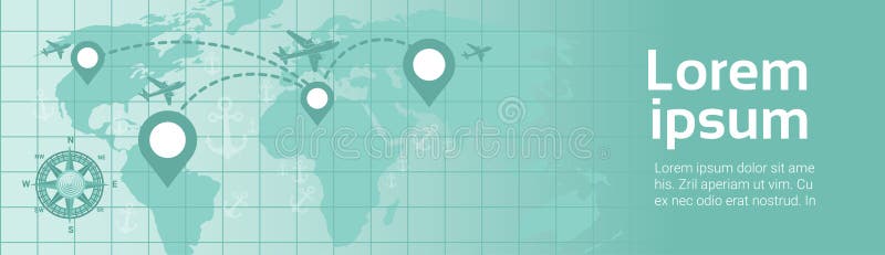 World Travel By Plane Template Banner Airplane Fly Over Earth Map With Navigation Pointers Route Planning