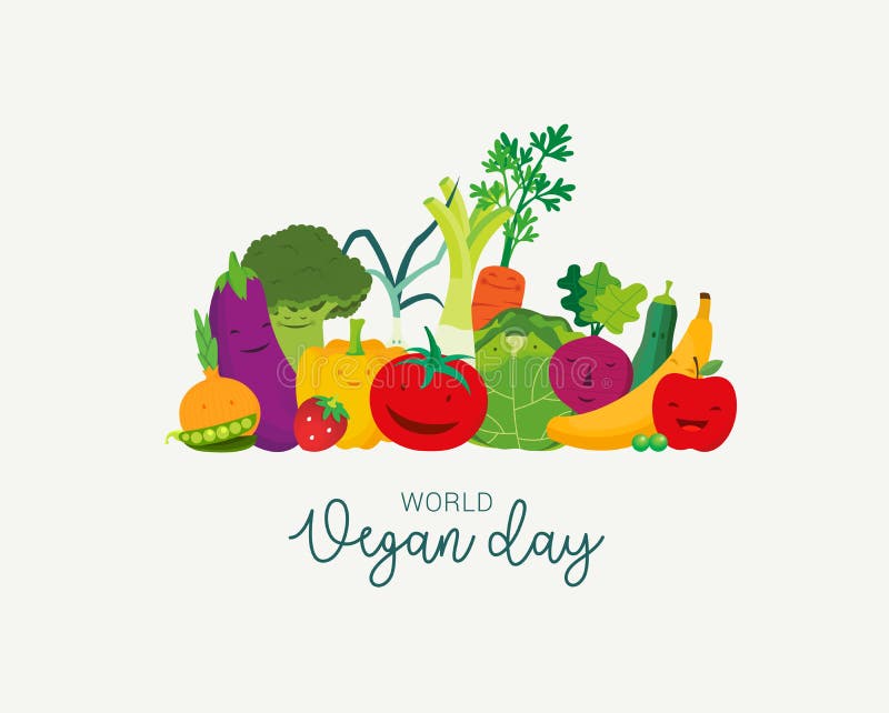 World Vegan Day, Concept Design. Cute character with vegetables crown, fruits, leaves and nuts. vector illustration World Vegan Day, Concept Design. Cute character with vegetables crown, fruits, leaves and nuts. vector illustration