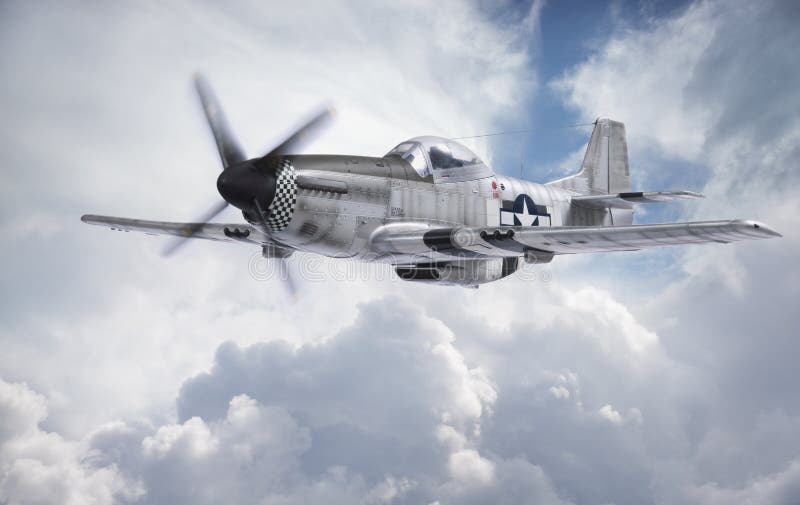 World War II era fighter flies among clouds and blue sky