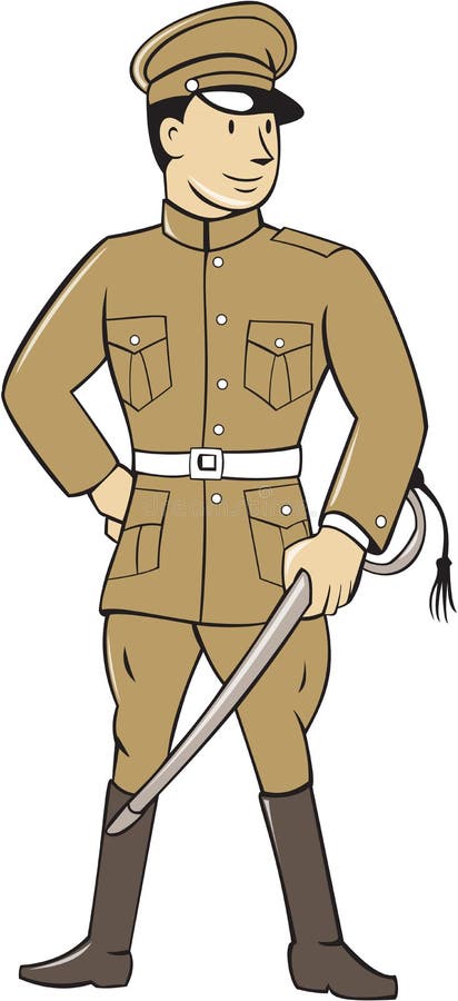 World War One British Officer Sword Standing Cartoon