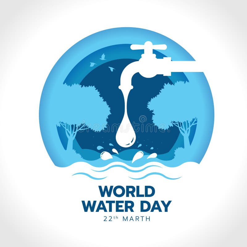 World water day with drop water falling from the tap to river in circle blue layer style vector design vector illustration