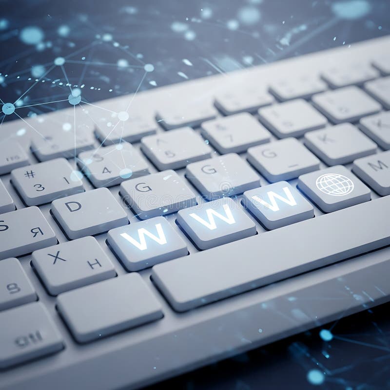A close-up shot of a white computer keyboard features the 'WWW' keys and a globe icon highlighted with a glowing blue effect, symbolizing global internet access and browsing. The surrounding area displays abstract connection lines and nodes, emphasizing digital communication and networking technology. This conceptual visualization highlights the gateway to online information and technology. World wide web computer illustrations