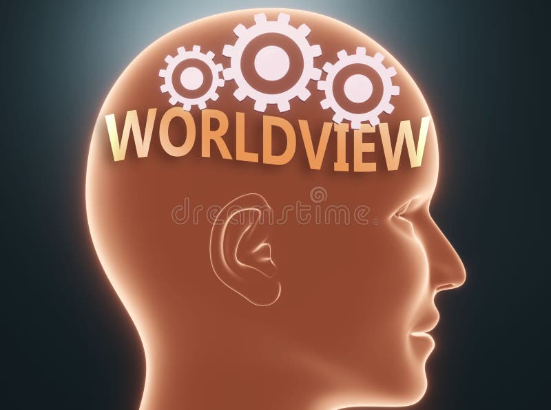 Worldview inside human mind - pictured as word Worldview inside a head with cogwheels to symbolize that Worldview is what people