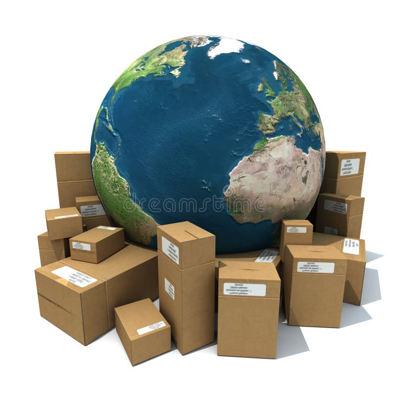 3D rendering of the Earth with a heap of cardboard boxes. Pile boxes illustrations