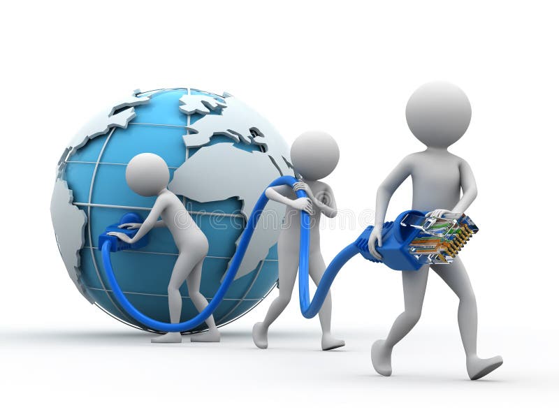 Three-dimensional abstract figures carrying network cables attached to a world globe. Three-dimensional abstract figures carrying network cables attached to a world globe.