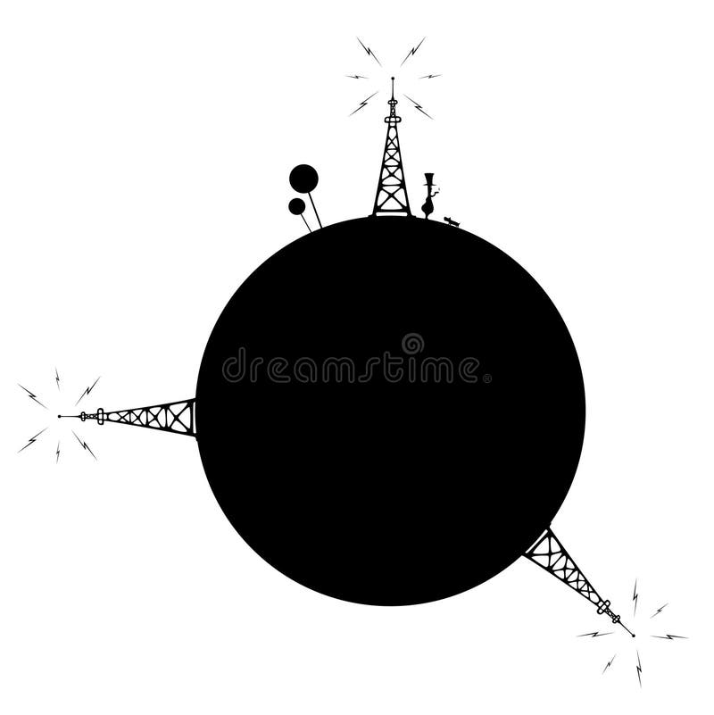 Black and white illustration of three tall radio towers around a black circle representing the globe. Black and white illustration of three tall radio towers around a black circle representing the globe.