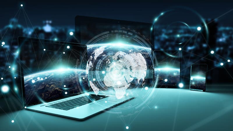 Worldwide server interface over modern tech devices 3D rendering. Worldwide server interface over modern tech devices in dark background 3D rendering