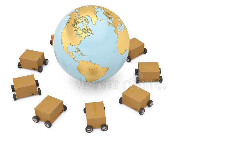 Worldwide shipping concept carton with wheels and gold globe 3d royalty free illustration Worldwide shipping concept carton with wheels and gold globe 3d royalty free illustration