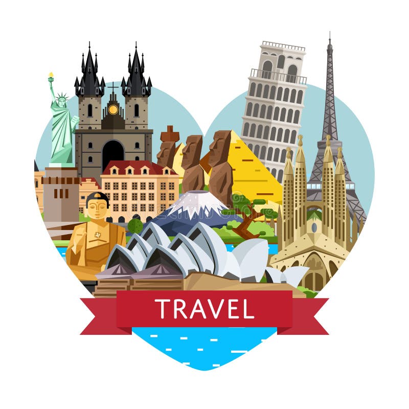 Worldwide travel banner with famous attractions.