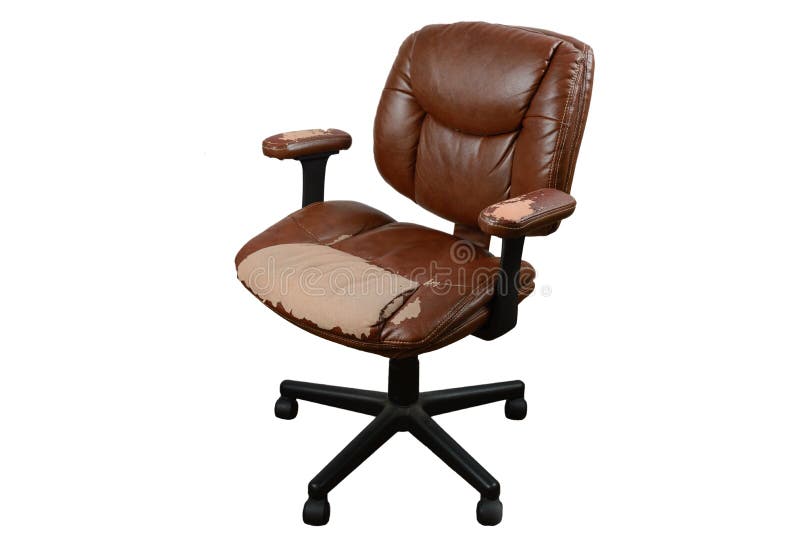 Worn Out Brown Leather Office Chair, Isolate Background Stock Photo