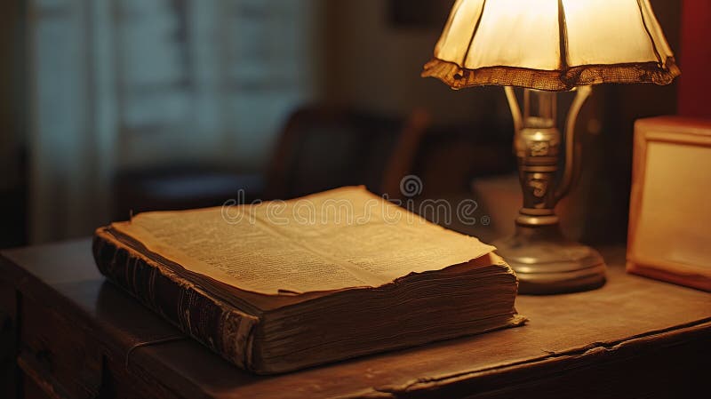 Worn pages of old book, table lamp glow. royalty free stock image