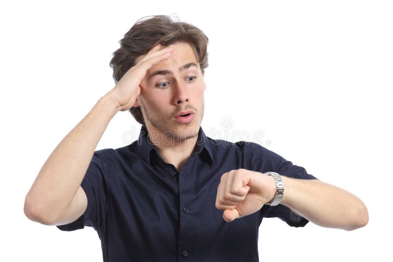 Worrier man running out of time looking his watch isolated on a white background. Worrier man running out of time looking his watch isolated on a white background