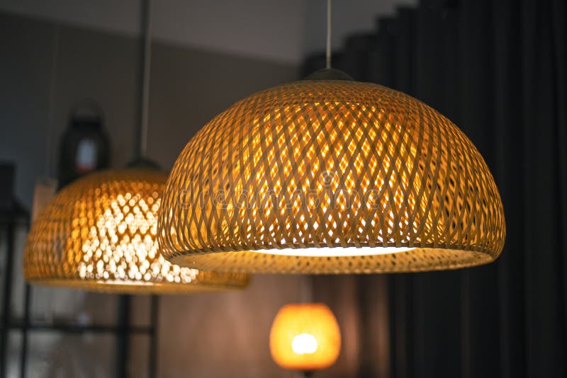 Woven Bamboo Lamp with Black Gray Steel Frame Background Stock Photo