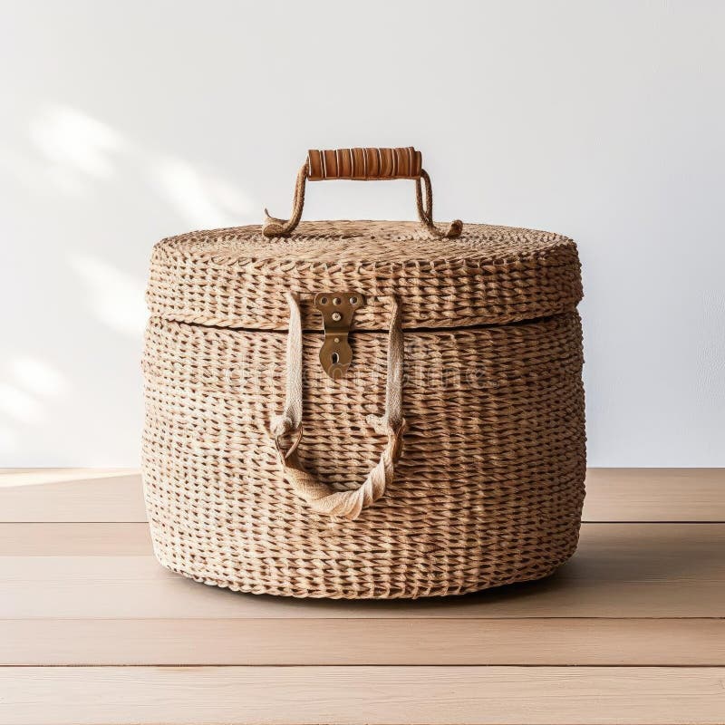 A Woven Seagrass Basket with a Lid and Leather Handles Stock