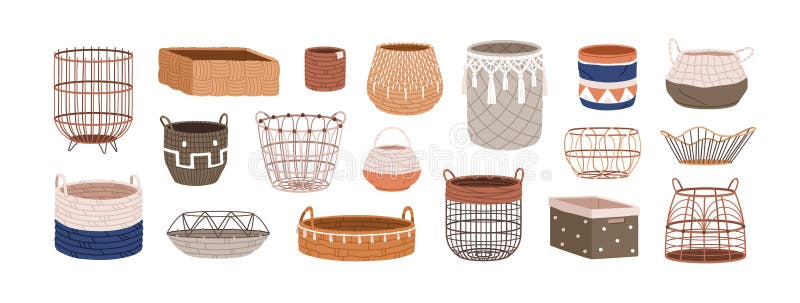 Woven wicker baskets set. Trendy interior basketry designs from rattan, fabric rope, jute. Empty storage boxes of