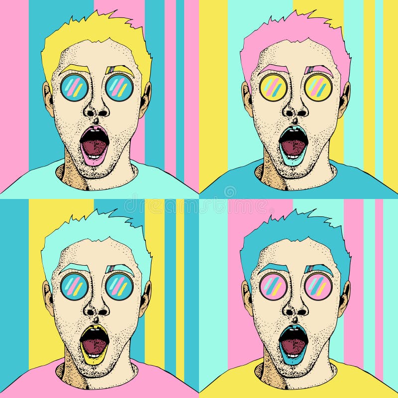 Wow pop art male face seamless pattern. surprised man with open mouth