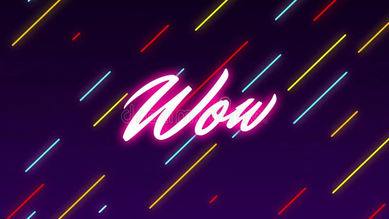 Wow text animation with colorful diagonal lines on dark background stock illustration
