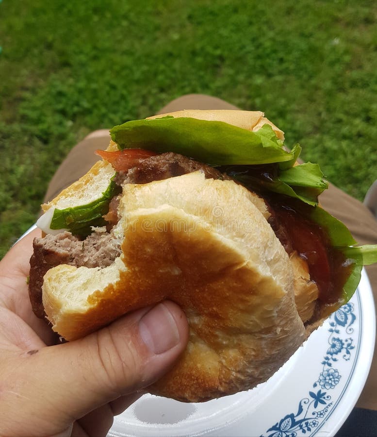 Wołowina hamburgery przy parkiem zdjęcia stock Wołowina hamburgery przy parkiem zdjęcia stock