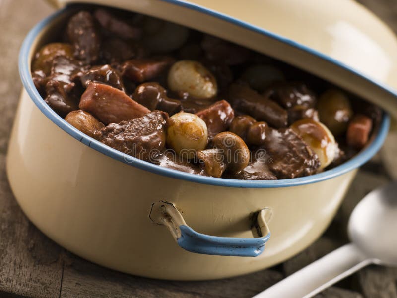 Casserole Dish With Beef Bourguignonne in a cooking pot. Casserole Dish With Beef Bourguignonne in a cooking pot