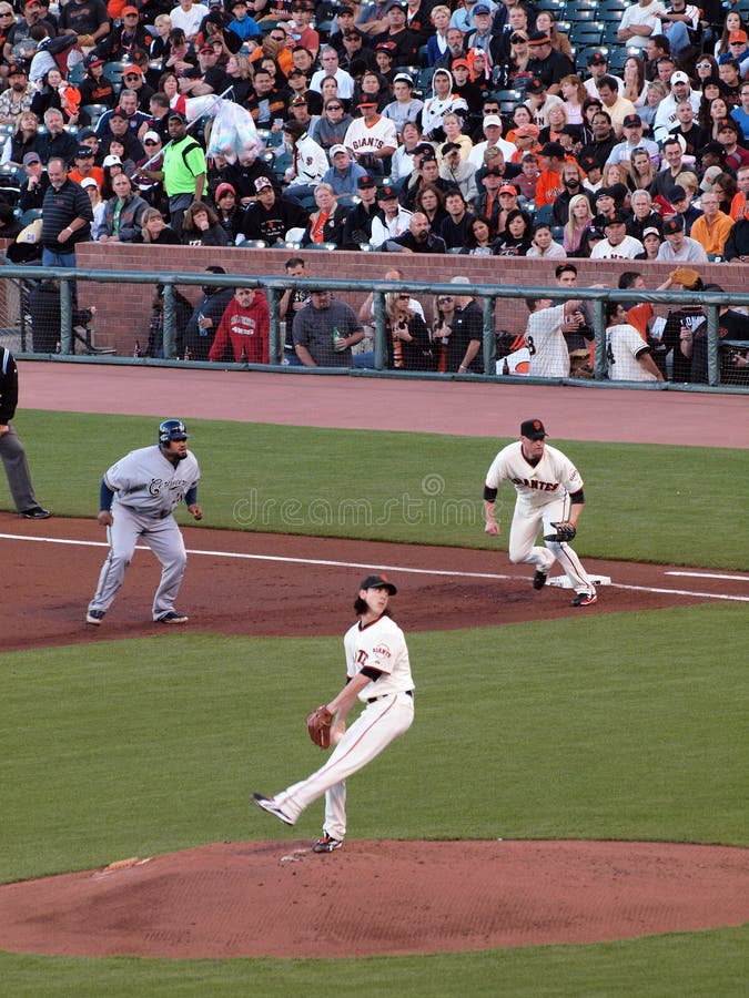 Brewers vs. Giants: Brewers Prince Fielder takes lead at 1st as Giants Tim Lincecum steps into a throw. September 18 2010 at the ATT Park San Francisco California. Brewers vs. Giants: Brewers Prince Fielder takes lead at 1st as Giants Tim Lincecum steps into a throw. September 18 2010 at the ATT Park San Francisco California.