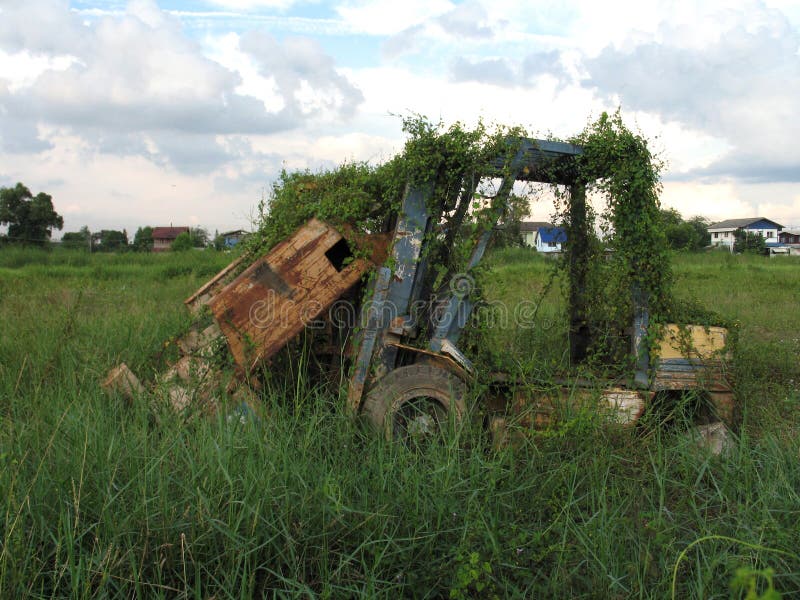 Wrackraupen-Bulldozerabdeckung mit Efeu war Urlaub auf dem Gebiet stockfotos Wrackraupen-Bulldozerabdeckung mit Efeu war Urlaub auf dem Gebiet stockfotos