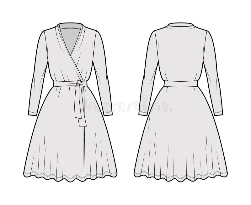 Wrap Dress Technical Fashion Illustration with Deep V-neck, Long ...