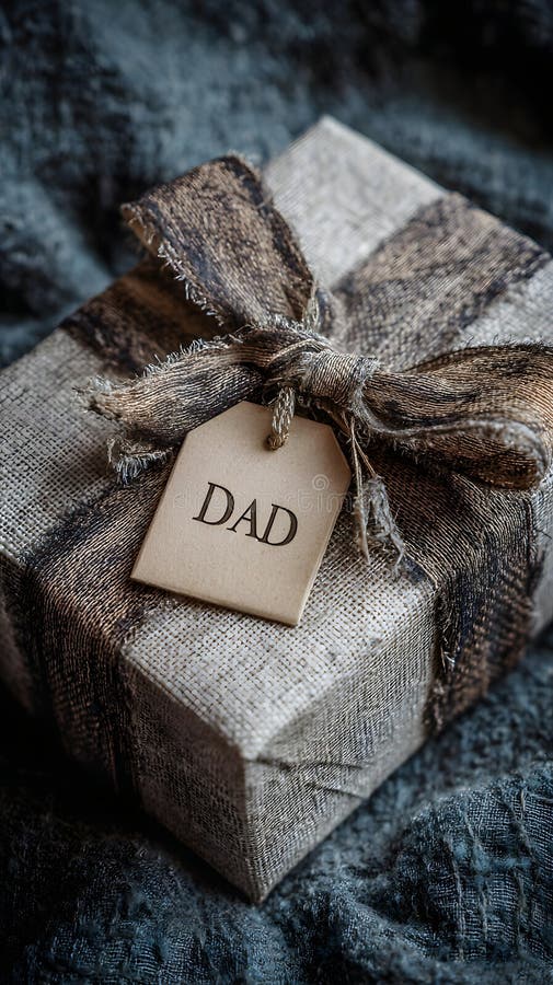 Wrapped gift box for Dad with a textured ribbon and tag on a cozy background stock illustration