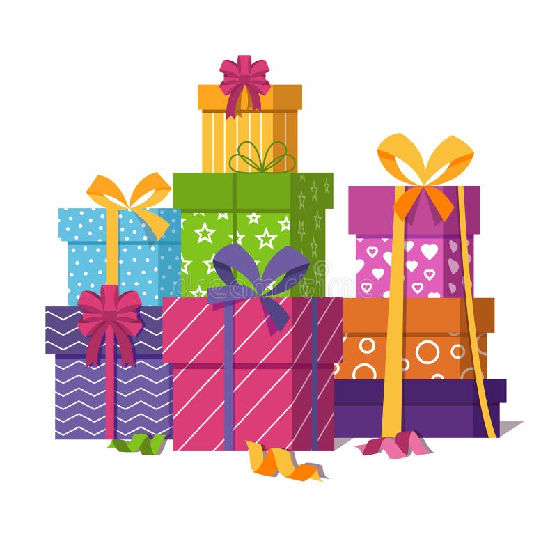Wrapped gift boxes pile isolated on white background. Presents or gifts stack for wedding or holidays design vector illustration. Pile boxes vectors
