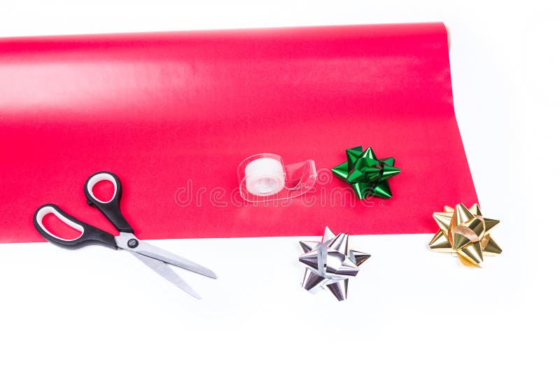 Wrapping Paper, Scissors, Tape and Bows Stock Image - Image of