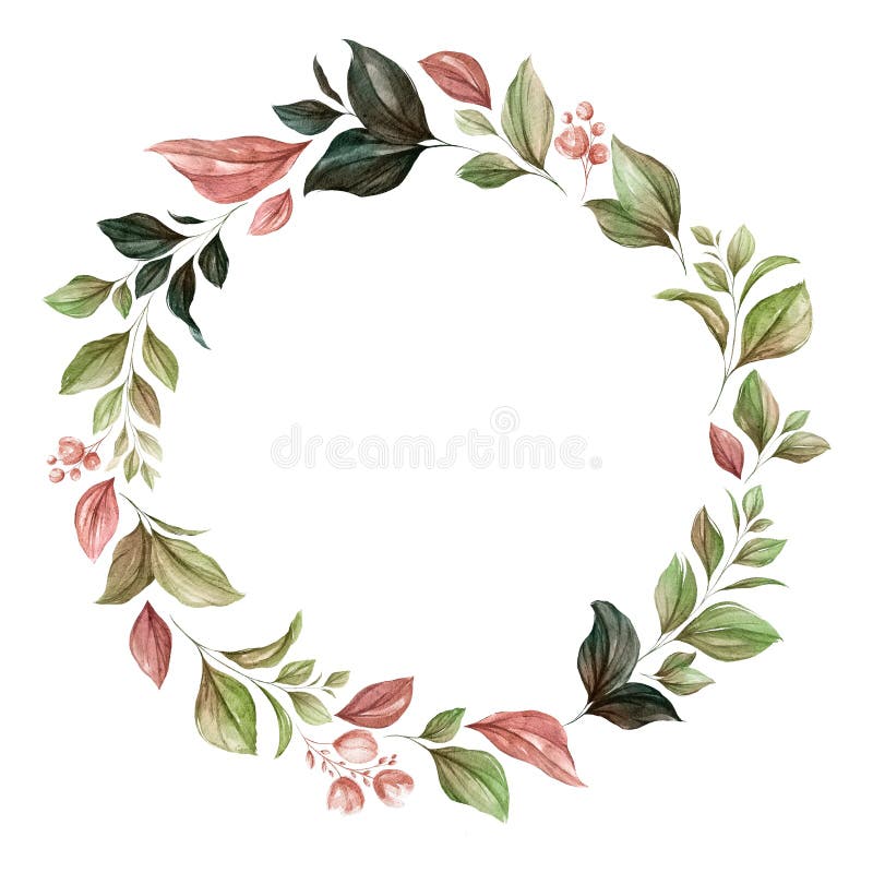 Wreath of brown and green watercolor leaves. Botanic illustration for card composition design
