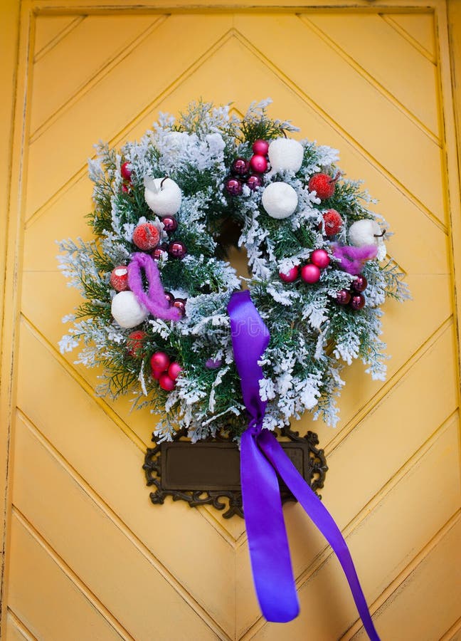 Wreath Decoration at Door for Christmas Holiday Stock Photo - Image of ...
