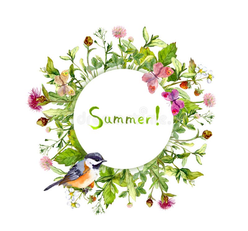 Wreath frame - summer flowers, bird, butterflies. Watercolor card, round border