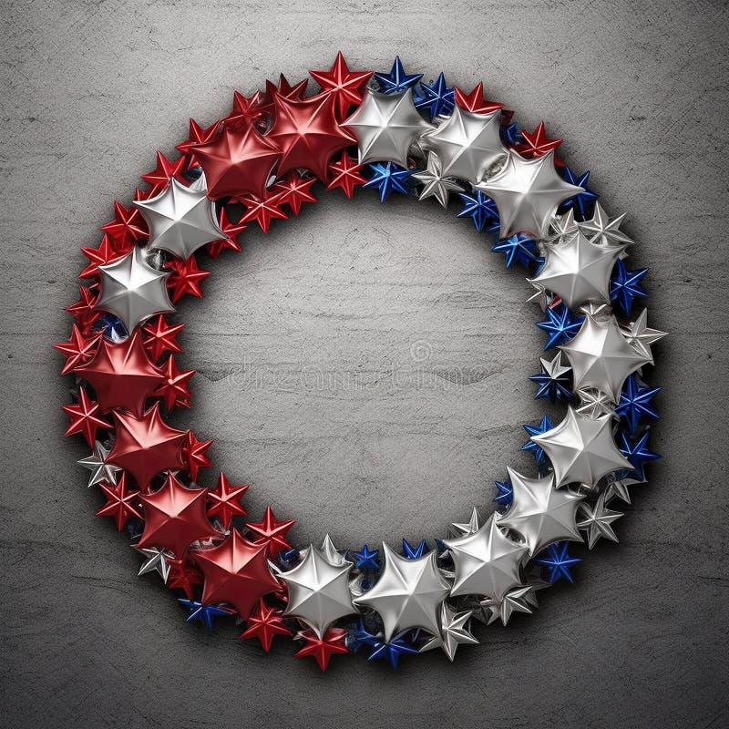 A wreath of red, white and blue stars. Generative AI. Christmas wreath clipart. A wreath of red, white and blue stars. Generative AI. Christmas wreath clipart.