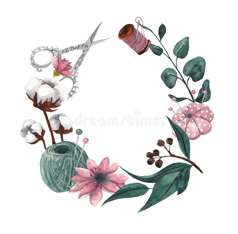 Wreath with sewing items and floral elements. Watercolor illustration on white isolated background. Floral frame for text