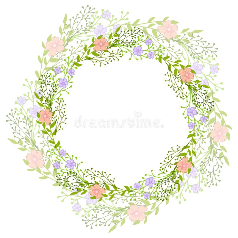 Wreath of wild flowers with leaves. A floral round frame with a place for your text. Suitable for greeting cards, wedding invitati stock illustration Wreath of wild flowers with leaves. A floral round frame with a place for your text. Suitable for greeting cards, wedding invitati stock illustration