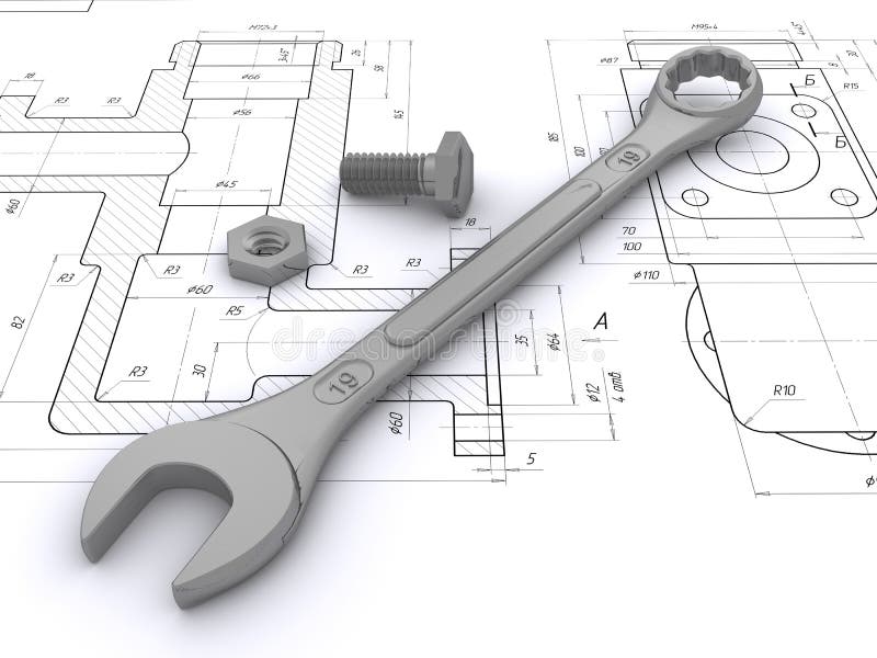 Wrench, bolt and nut against engineering drawings