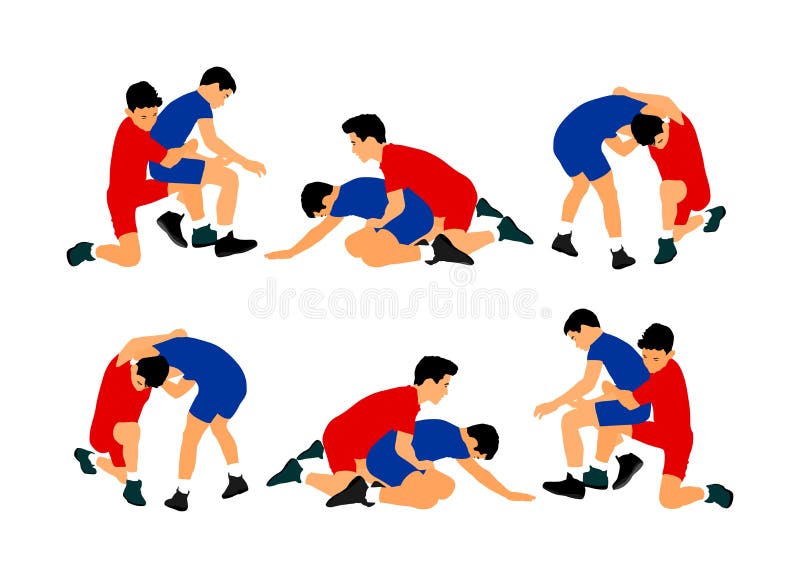 Wrestlers boys wrestling vector illustration isolated on white background. School of defense skills. Greek Roman style of wrestlin