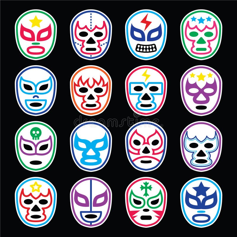 Wrestling Lucha Libre мексиканский маскирует значки на черноте иллюстрация штока Wrestling Lucha Libre мексиканский маскирует значки на черноте иллюстрация штока