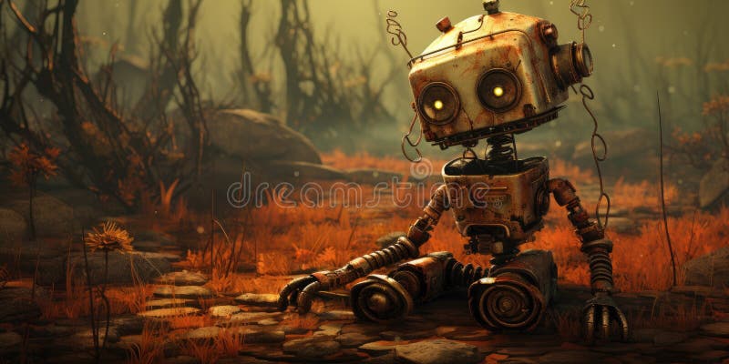 Wretched robot with apocalyptic world on the background