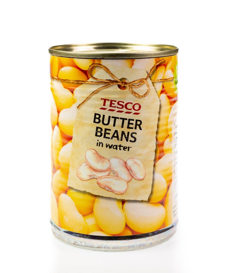 WREXHAM, UK - MARCH 31, 2017: Tin of Tesco butter beans in water, on a white background. WREXHAM, UK - MARCH 31, 2017: Tin of Tesco butter beans in water, on a white background.