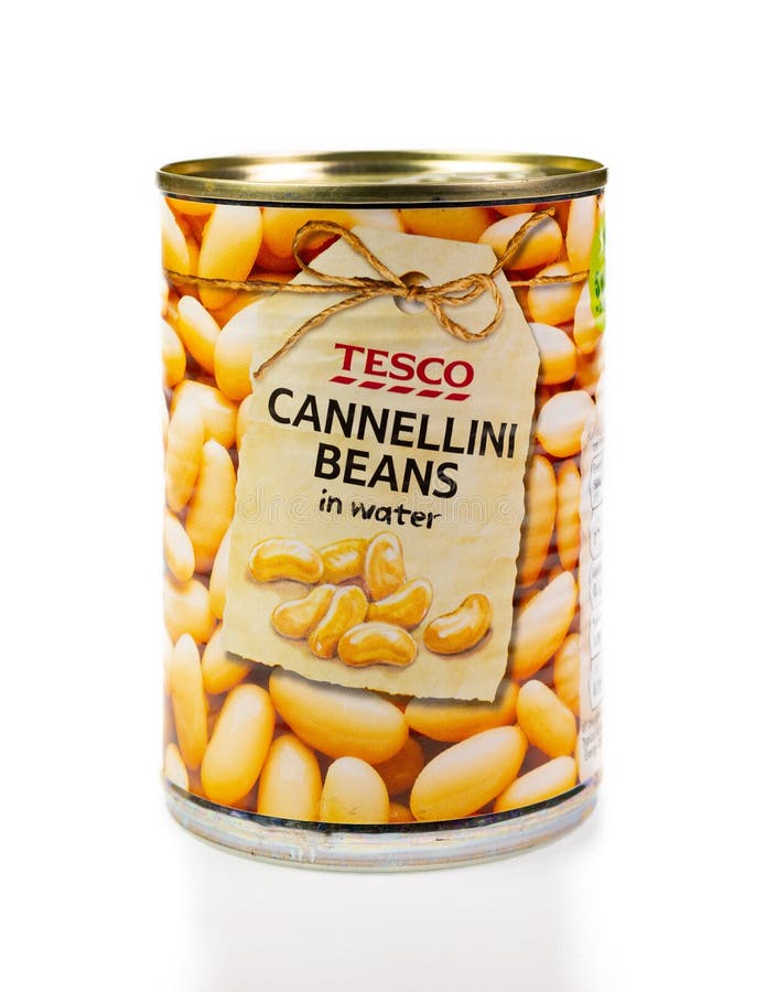 WREXHAM, UK - MARCH 31, 2017: Tin of Tesco cannellini beans in water, on a white background. WREXHAM, UK - MARCH 31, 2017: Tin of Tesco cannellini beans in water, on a white background.